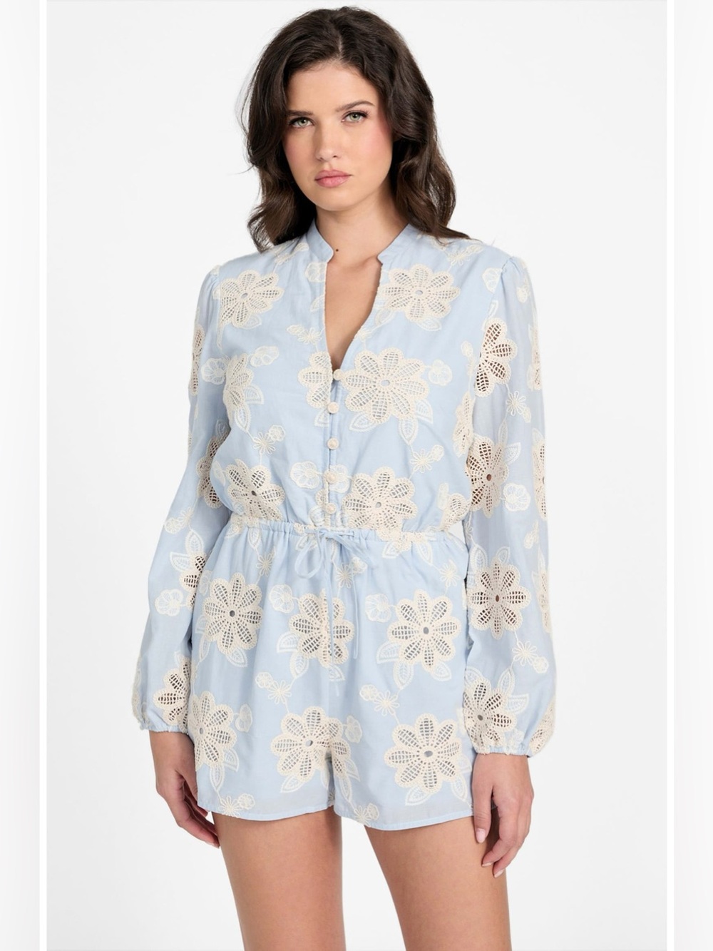 Guess Hazel Floral Embroidered Long Sleeve Cotton Voile Romper Size M